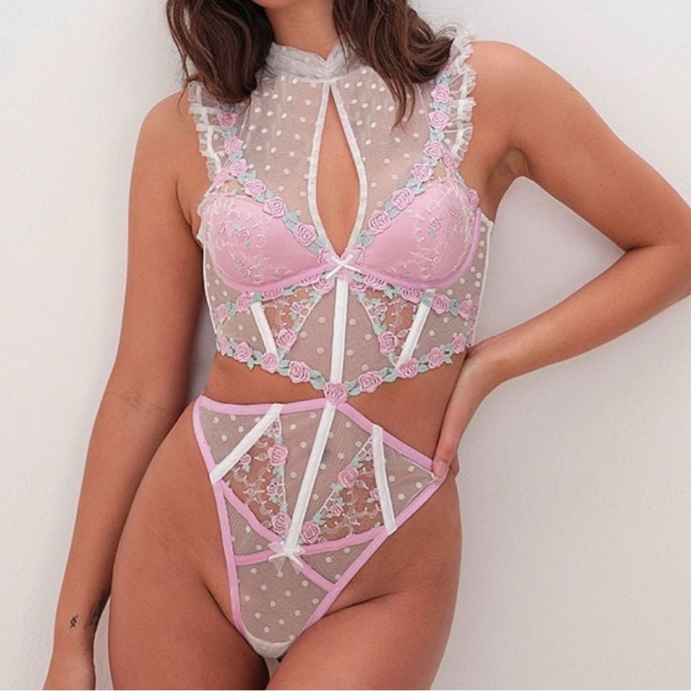 For Love & Lemons Pointelle Roses Teddy Size Large- New In Bag